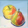 6.	Apple & Pear (from life), oil on masonite, 8” x 8”,  2008